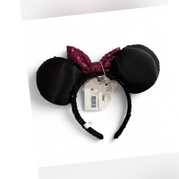 Disney Minnie Mouse Sequin Ears Headband Pink Glitter Bow Black - Picture 2 of 4